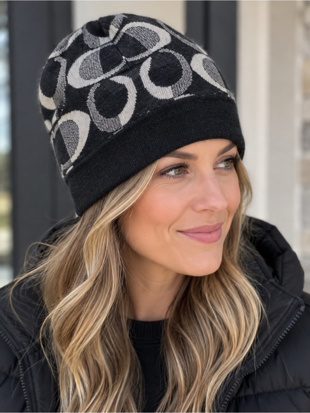 Coach Black & Gray Signature Knit Beanie hat